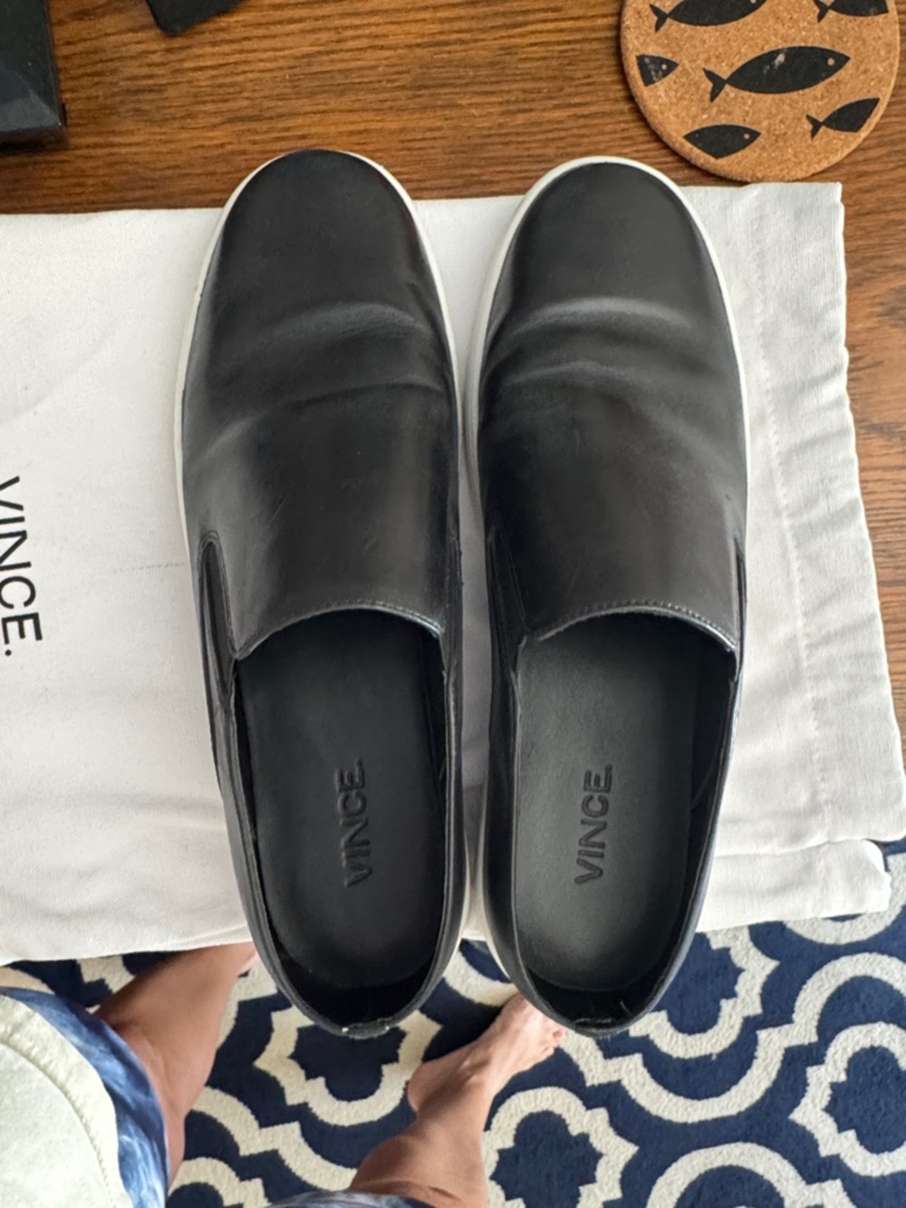Vince Black Leather Slip-On Sneakers with White Sole